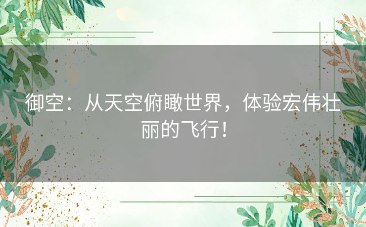 御空：从天空俯瞰世界，体验宏伟壮丽的飞行！